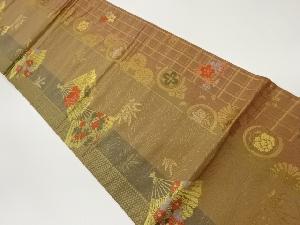 縞に扇・丸・草花模様織出し全通袋帯